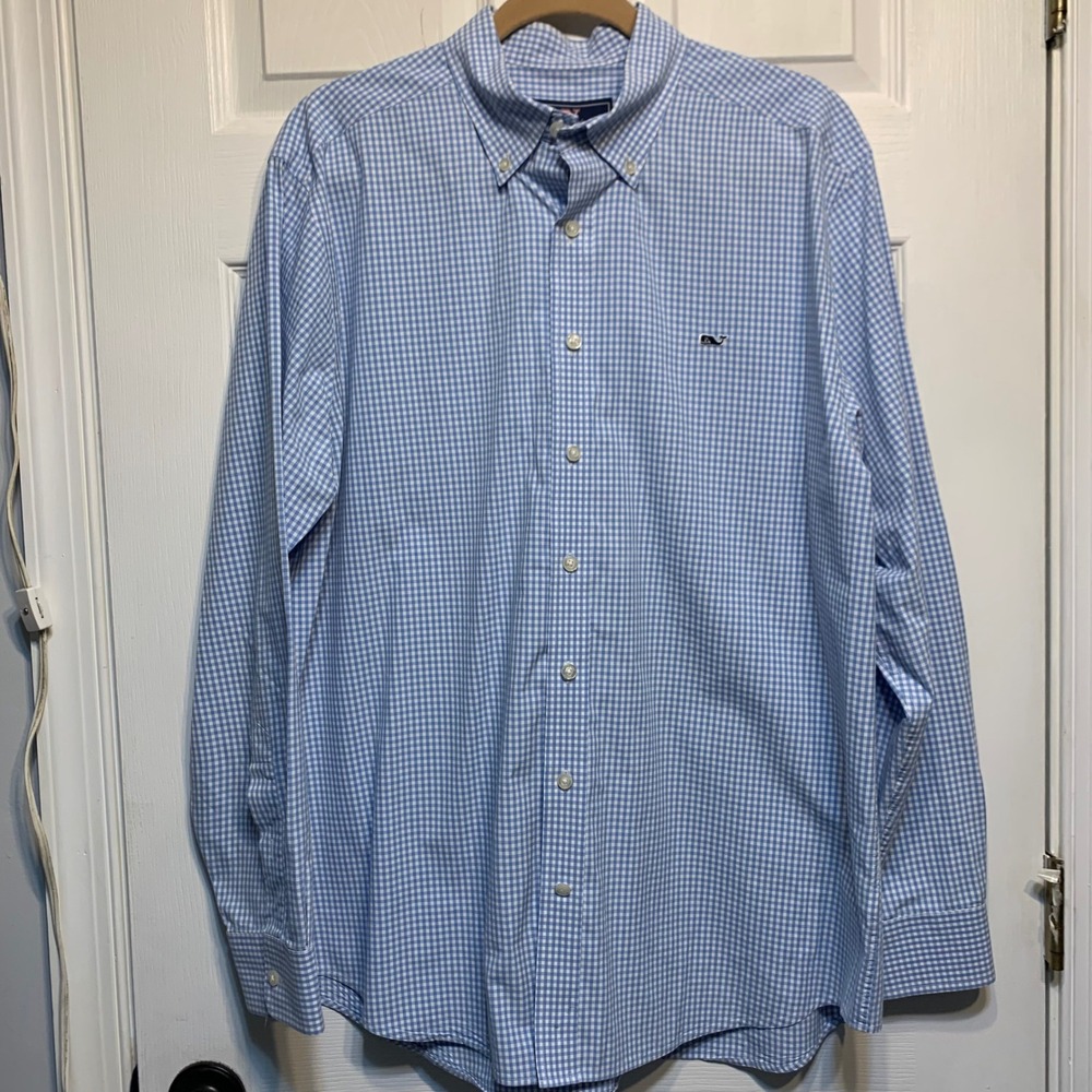 Vineyard Vines Slim Fit Whale Shirt XL Blue White Gingham Button Cotton Preppy